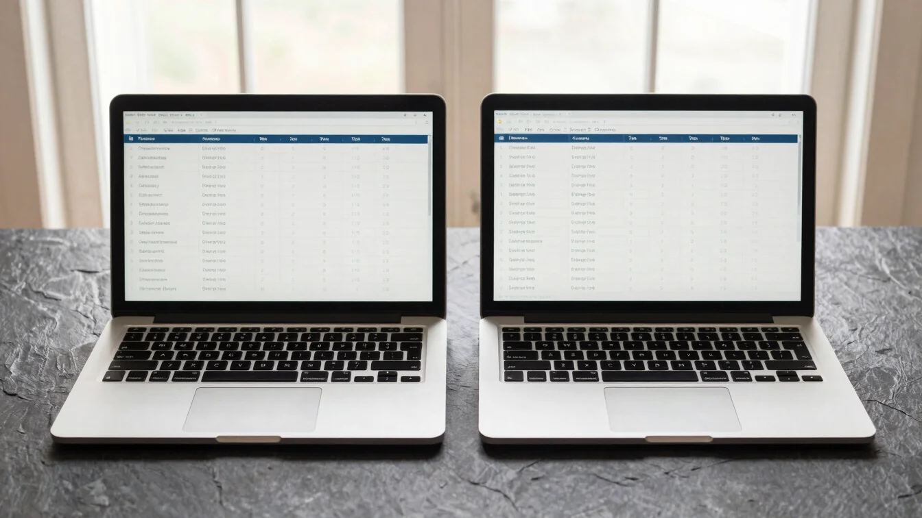 Overhead flat-lay of two laptops side-by-side displaying comparis