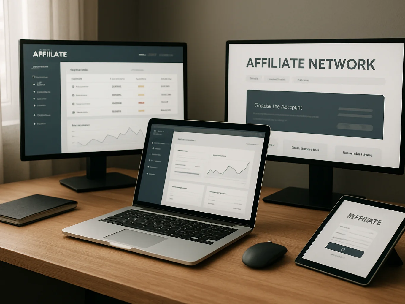 Mid-range shot of a desk with multiple screens showing different