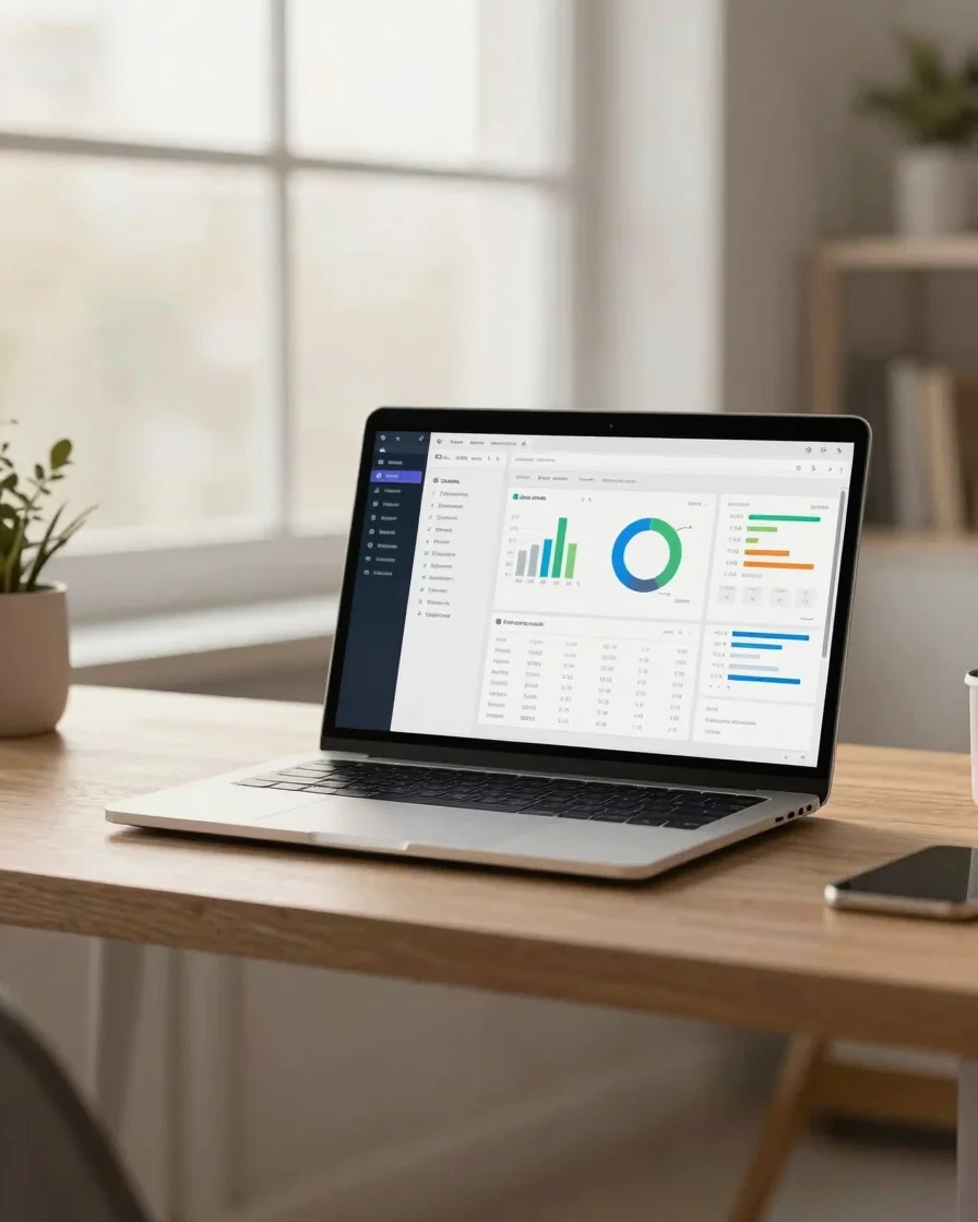 A modern remote workspace with a clean laptop interface displaying analytics data, soft diffused window light, slate and