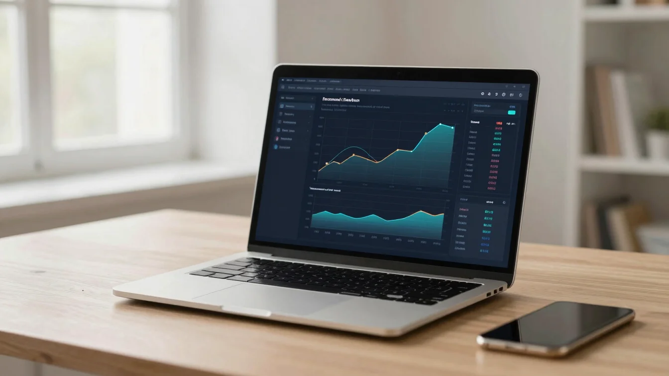 Clean modern desk setup with a laptop displaying a complex dashbo