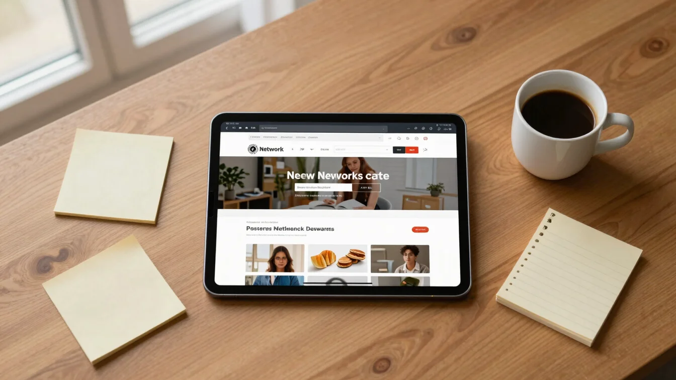 Overhead flat-lay of a desk with a tablet showing an ad network i