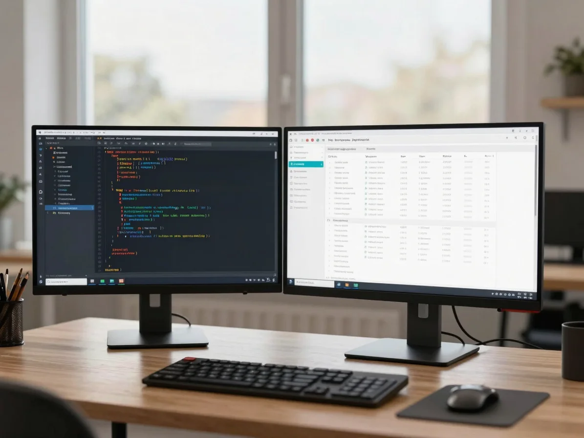 Modern workstation with a dual-monitor setup, one screen displayi