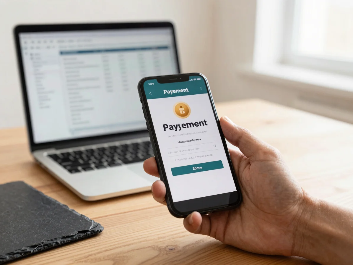 A hand holding a smartphone displaying a payment confirmation scr