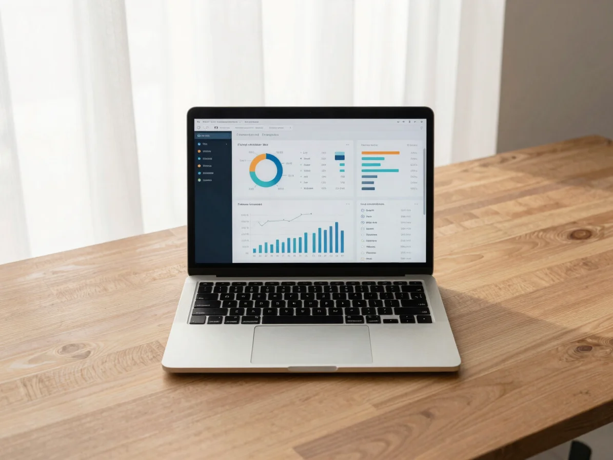 Overhead flat-lay of a modern workstation with a laptop displayin
